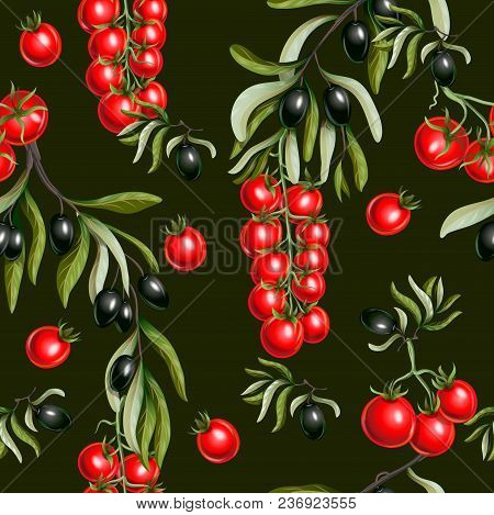 Seamless Pattern With Black  Olives Branches And Cherry Tomato .