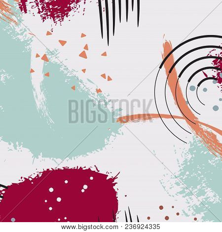 Vector Dymanic Brush Stroke Pattern. Pastel Creative Contemporary Decoration In Dark Red And Mint Co