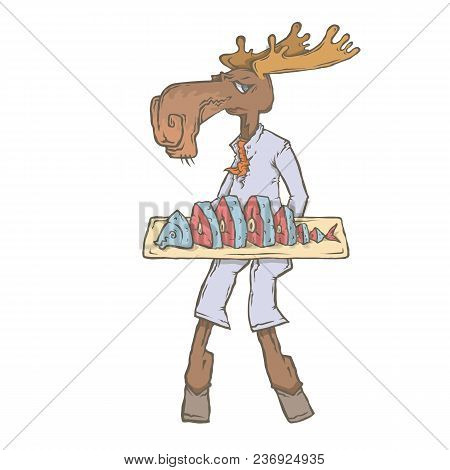 Isolated Image Of The Character Of The Animal Cook. National Cuisine. Gastronomy. Elk, Scandinavia, 