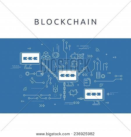 Blockchain Technologie Process Abstract Illustration In Thin Line Style. Crypto-currency Vector Conc