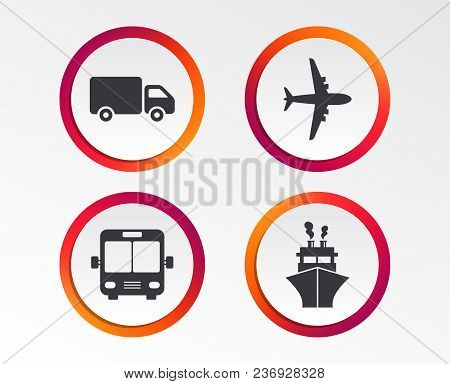 Transport Icons. Truck, Airplane, Public Bus And Ship Signs. Shipping Delivery Symbol. Air Mail Deli