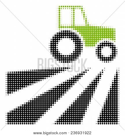 Farm Field With Tractor Halftone Vector Icon. Illustration Style Is Dotted Iconic Farm Field With Tr