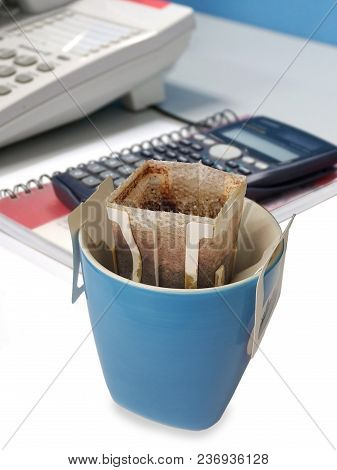 Instant Freshly Brewed Cup Of Coffee Drip Bag Fresh Coffee,preparation And Service Concept. Hipster 