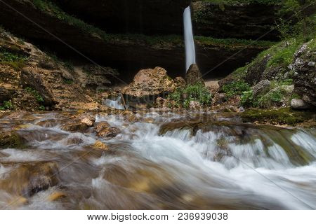 Upper Pericnik Waterfall In Slovenian Alps In Autumn, Triglav National Park.