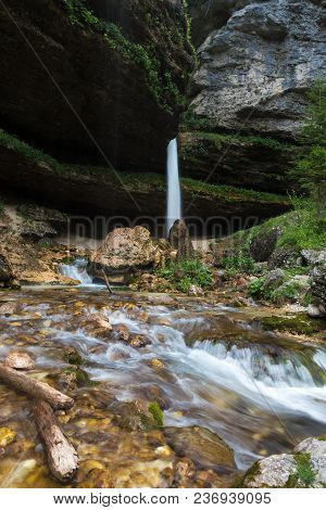 Upper Pericnik Waterfall In Slovenian Alps In Autumn, Triglav National Park.