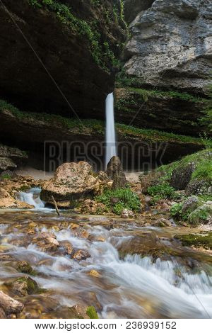 Upper Pericnik Waterfall In Slovenian Alps In Autumn, Triglav National Park.