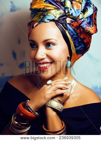Beauty Bright African Woman With Creative Make Up, Shawl On Head Like Cubian Closeup