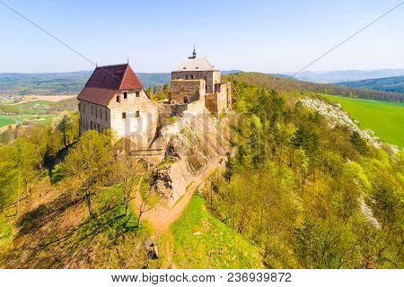 Aerial view of Tocnik Castle. A royal chateau of Wenceslas IV from the 14th century, adjusted in the Renaissance and the Baroque styles.
