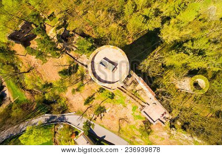 Aerial view of Zebrak Castle. A ruin of a Gothic castle originated in the 13th century. Since 1336 a royal castle, enlarged by Kings Charles IV. Czech famous monument from above.