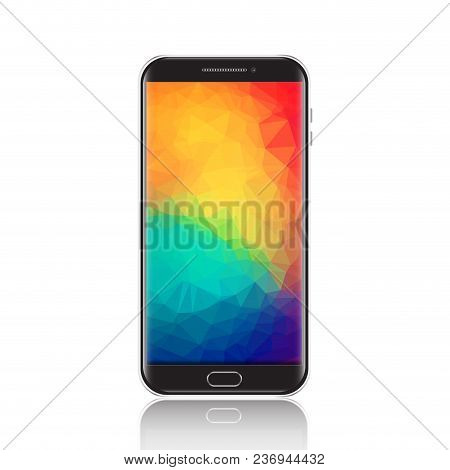 Modern Smartphone With Geometric Polygonal Screensaver. Realistic Detailed Black Cellphone, Mobile P