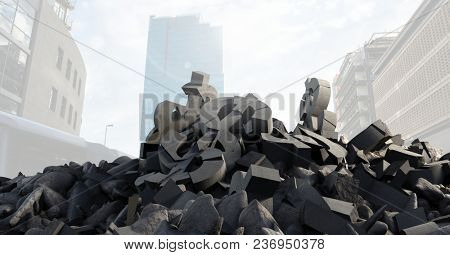 Broken concrete stone with money symbol in cityscape