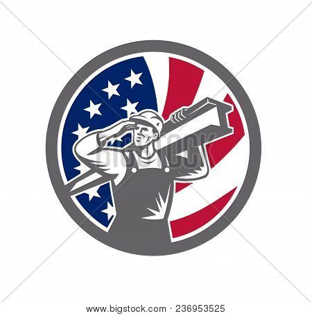 Icon Retro Style Illustration Of An American Construction Worker Carrying An I-beam On Shoulder And 