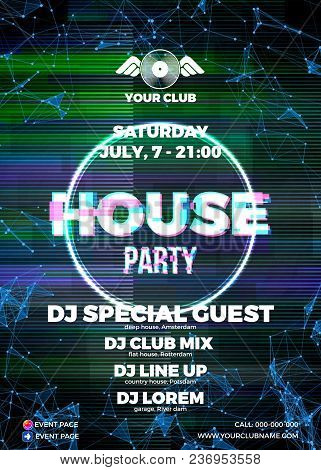 Glitch Party Poster With Green Background And Circle For House Rave Club Nights. Advertising Leaflet