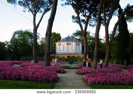 Madrid, Spain, August 19 2019: Gardens Of The Capricho Park In Madrid