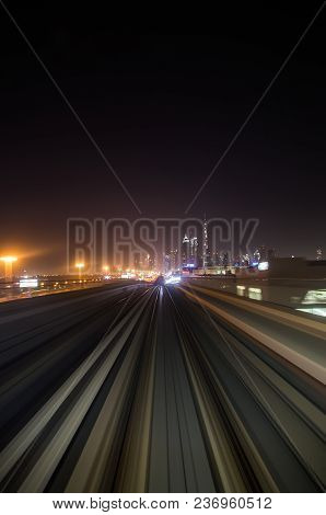 Front Cabin View From Modern Driver-less Metro Train Rush Forward, Along Night Smooth Timelapse. Ove