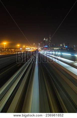 Front Cabin View From Modern Driver-less Metro Train Rush Forward, Along Night Smooth Timelapse. Ove