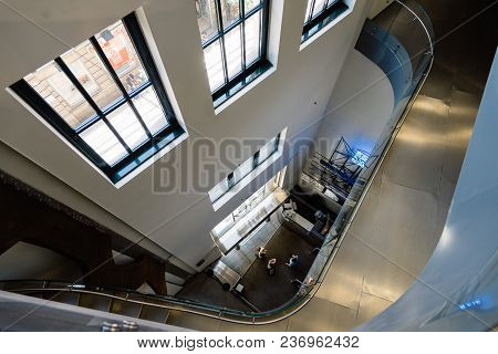 Madrid, Spain - July 9, 2017: High Angle View Of Main Hall Of Telefonica Building In Gran Via