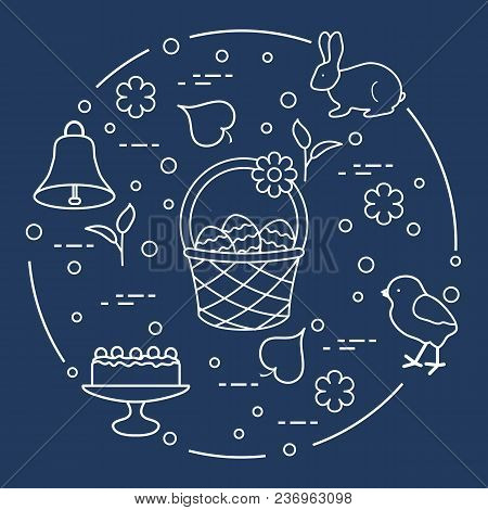 Easter Symbols. Simnel Cake, Basket, Eggs, Bell, Rabbit, Chick, Flowers, Sprouts, Leaves.