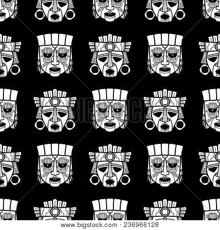 Indian Aztec And African Historic Tribal Vodoo Mask Black White Seamless Pattern. Vector Illustratio
