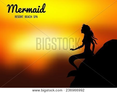 Resort Beach Spa Background. Mermaid Silhouette And Sunrise. Vector Illustration