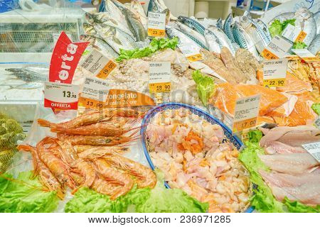 ROME, ITALY - CIRCA NOVEMBER 2017: seafood on display in Conad supermarket in Rome.