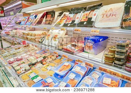 ROME, ITALY - CIRCA NOVEMBER 2017: seafood on display in Conad supermarket in Rome.