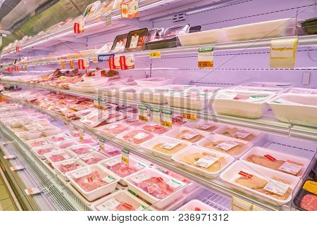 ROME, ITALY - CIRCA NOVEMBER 2017: fresh meat on display in Conad supermarket in Rome.