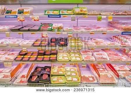 ROME, ITALY - CIRCA NOVEMBER 2017: fresh meat on display in Conad supermarket in Rome.
