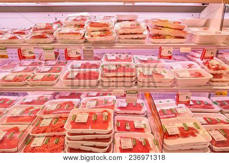 ROME, ITALY - CIRCA NOVEMBER 2017: fresh meat on display in Conad supermarket in Rome.