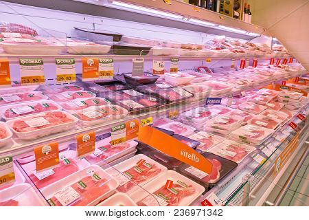 ROME, ITALY - CIRCA NOVEMBER 2017: fresh meat on display in Conad supermarket in Rome.