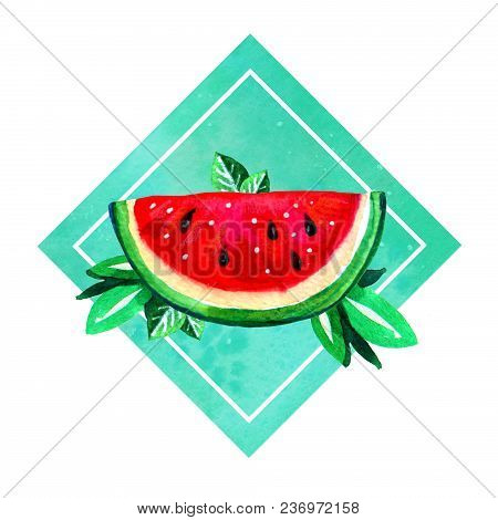 Hand Drawn Watercolor Illustration With Cartoon Watermelon And Leaves In Green Rectangular On White 