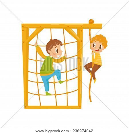 Boys Climbing Net Rope, Kids On A Playground Vector Illustration Isolated On A White Background.