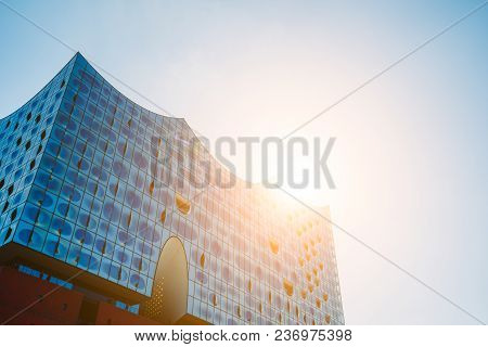 Hamburg, Germany - May 17, 2018: Elbphilharmonie, Panoramic Shot - Blue Sky And Bright Sun Light And