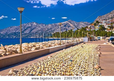 Baska Voda Breakwater And Fishing Nets View, Makarska Riviera In Dalmatia, Croatia