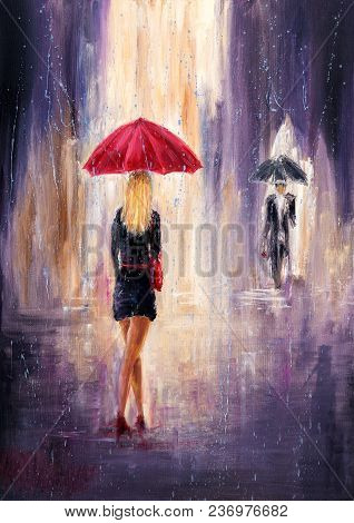 Original Abstract Oil Painting Showing Woman And Man With  Umbrellas Walking On The Street On Canvas