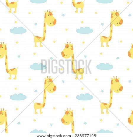 Seamless Pattern With Cute Giraffe, Clouds And Stars. Vector Illustrstion.
