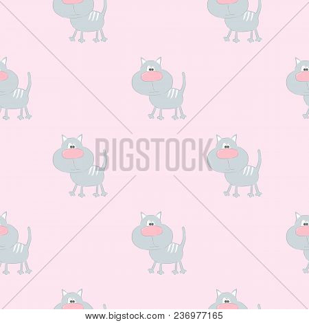 Seamless Pattern With Cute Cartoon Cat. Vector Illustration.