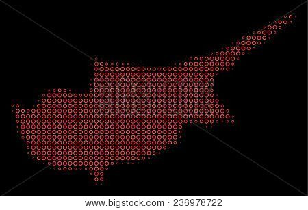 Dot Red Halftone Cyprus Island Map. Vector Geographic Map In Red Color Tints On A Black Background. 