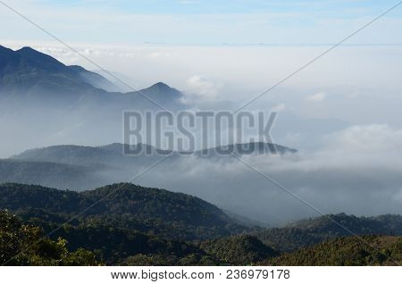 The Fog Stream Thru The Top Of Mountain