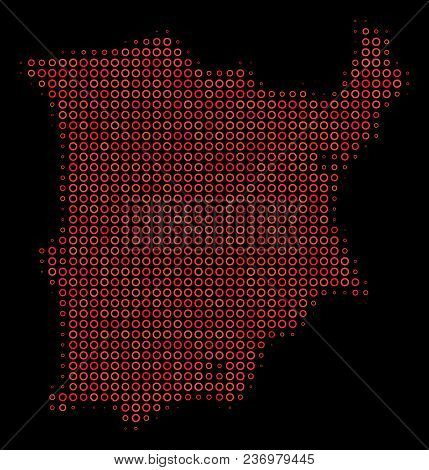 Dotted Red Halftone Koh Samui Map. Vector Territorial Map In Red Color Shades On A Black Background.