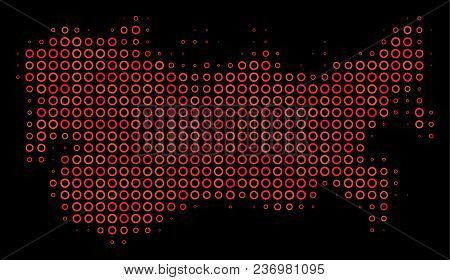 Dotted Red Halftone Ussr Map. Vector Territorial Map In Red Color Tints On A Black Background. Vecto