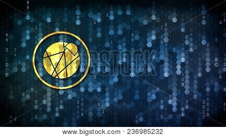 Reddcoin Blockchain Cryptocurrency. Yellow Coin Pictogram On Pixelated Background With Blank Copyspa