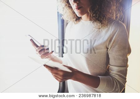 Enjoying Business Travel Concept. Young Beautiful Brunette Tourist Girl Travelling On The Train Stan