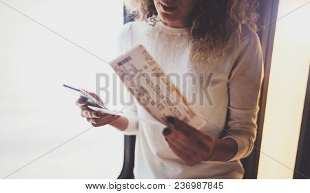 Enjoying Business Travel Concept. Young Beautiful Brunette Tourist Girl Travelling On The Train Stan