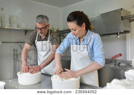 Couple of cheese makers molding sheep milk cheese