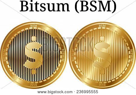 Set Of Physical Golden Coin Bitsum (bsm), Digital Cryptocurrency. Bitsum (bsm) Icon Set. Vector Illu