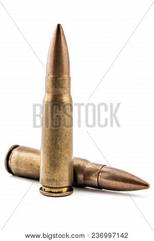 A Selection Of 7.62 Bullets For Kalashnikov, Isolated On White