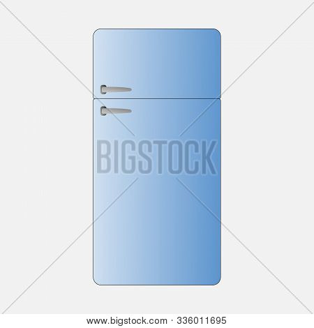 Vector Illustration Of A Blue Refrigerator In The Retro Style Of The 80s.