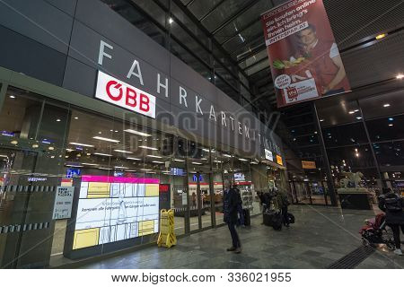 Vienna, Austria - November 6, 2019: Obb Logo In Front Of Wien Hauptbahnhof Ticket Counter, In The Ma