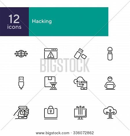 Hacking Line Icon Set. Programmer, Computer, Memory Stick. Information Technology Concept. Can Be Us
